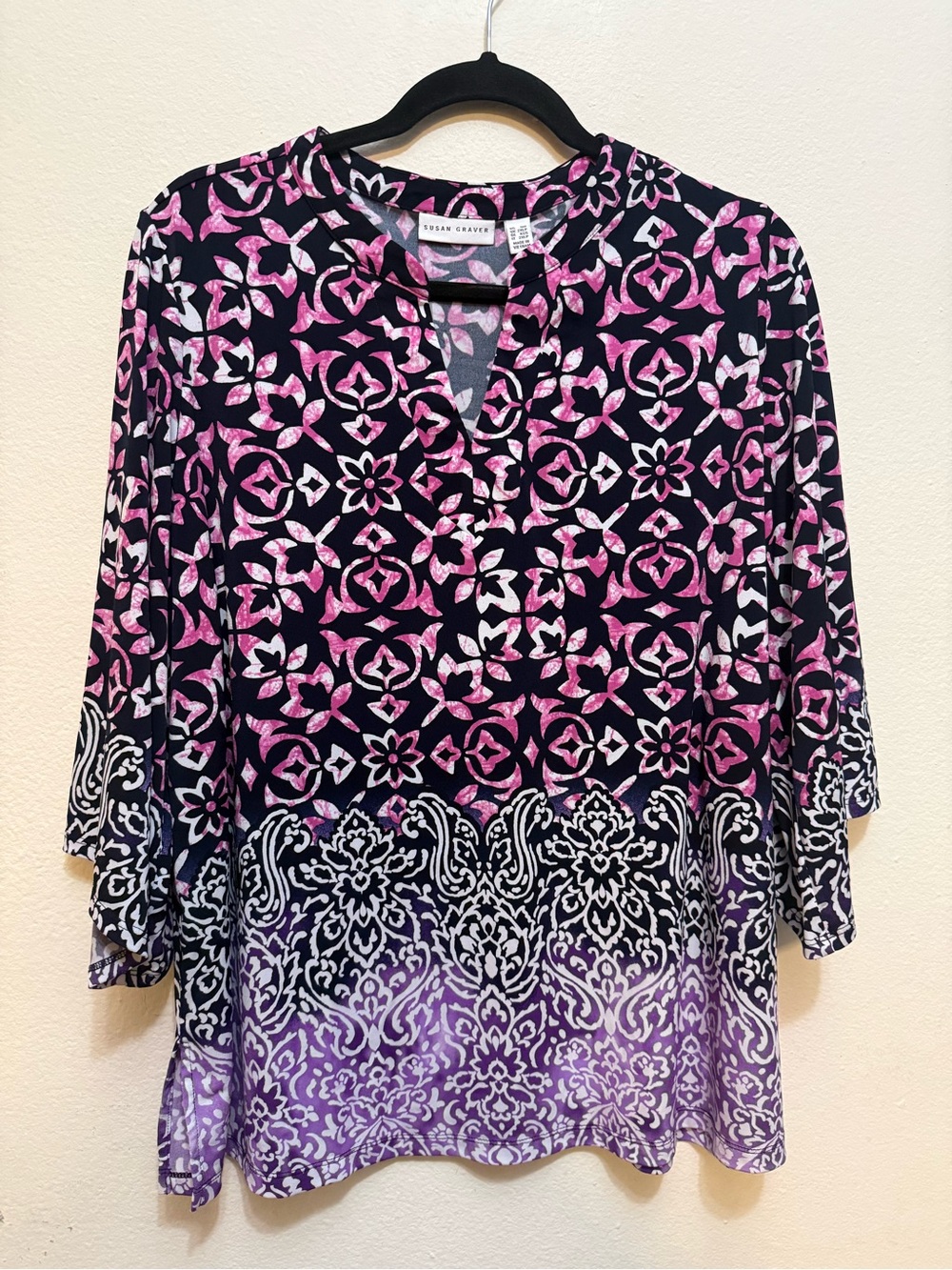 Susan Graver Black, Pink & Purple Geometric-Print Split-Neck Tunic